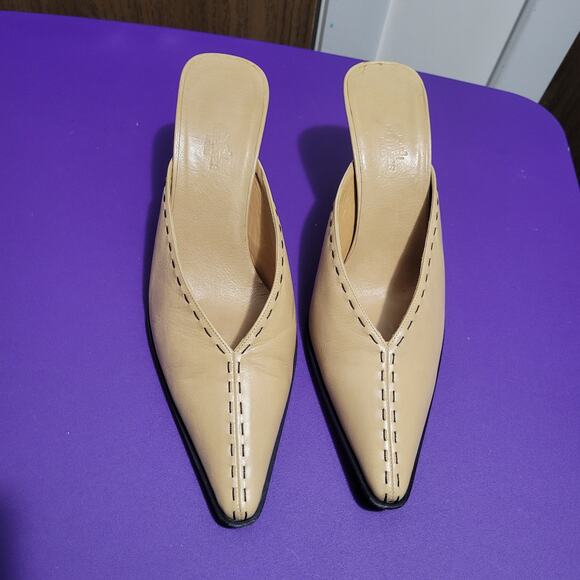 Hermès Tan Leather Stitched Trim Mule Heels, Sz 38 / 7.5 - Picture 8 of 16